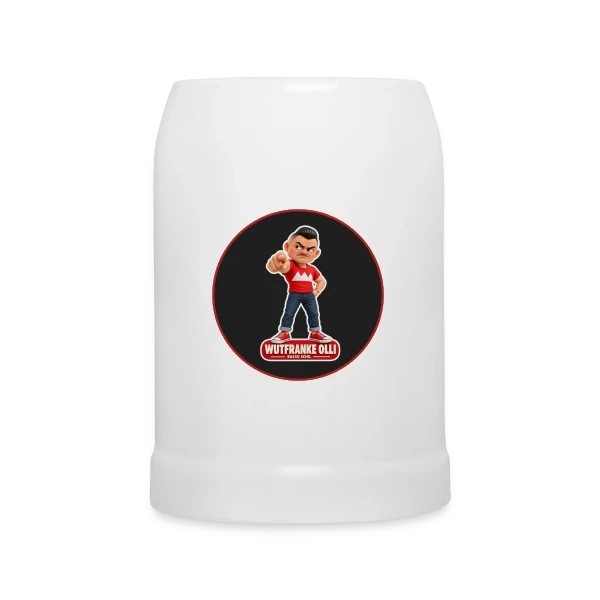 Weißer Bierkrug mit Olli-Souvenirmotiv.