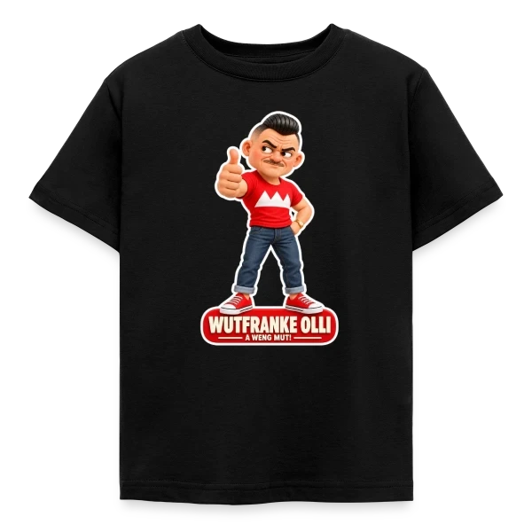 Schwarzes Olli-Junior-Kinder-T-Shirt mit freundlicher Figur.