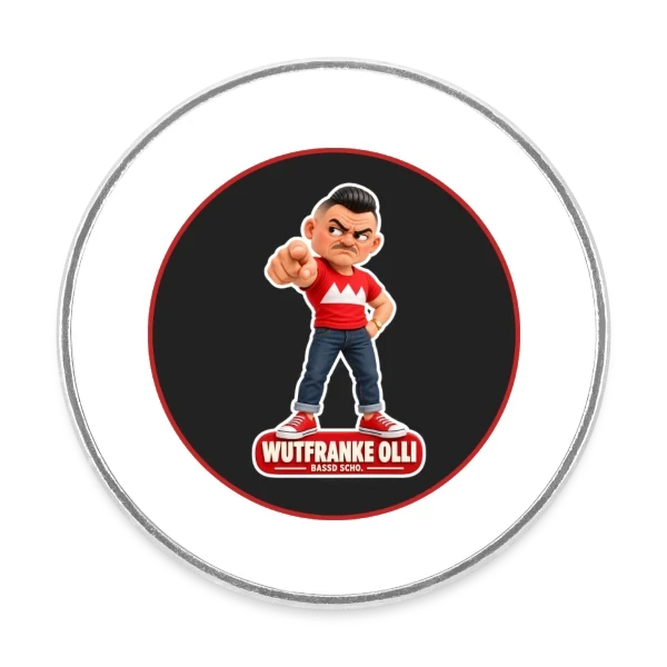 Runder weißer Kühlschrankmagnet mit Olli und Bassd-scho-Motiv.
