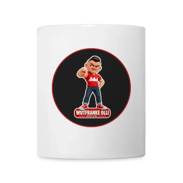 Weiße Tasse mit Olli und Bassd-scho-Motiv.